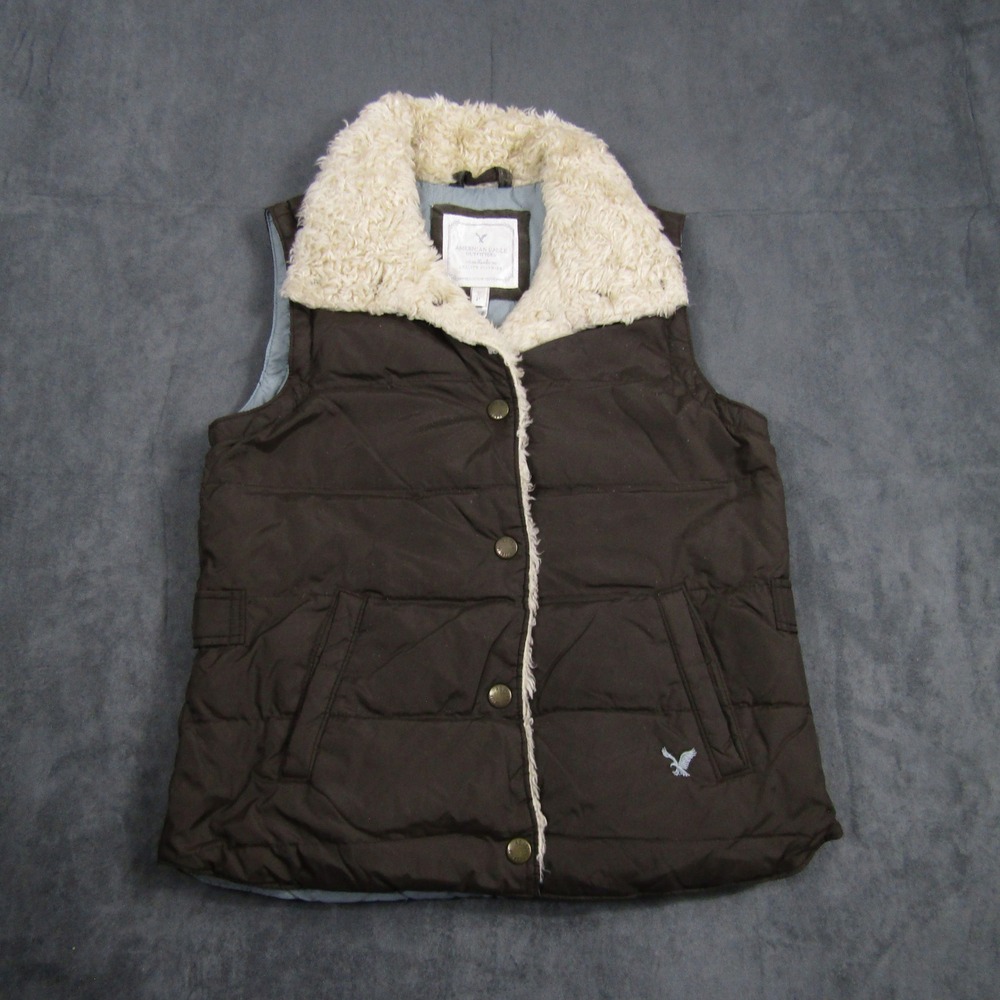 American Eagle Puffer Vest Women S Brown Down Filled Faux Fur Trim Y2K